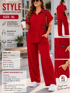 Red Two-Piece Relaxed Button-Up Set
